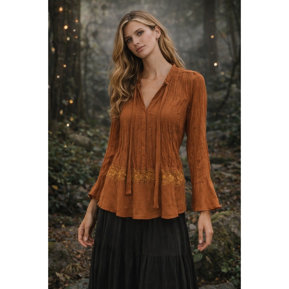 Michele Michelle‎ Rust Orange Crinkle Boho Lace Trim Bell Sleeve Tie Blouse S